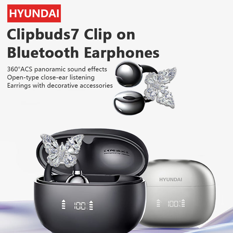 DHgargets HYUNDAI Clipbuds7 Butterfly Earrings Ear Clip - LED Display, Bluetooth 5.4, Dual-Mic Noise Reduction, Sports Earbuds with Smart Features