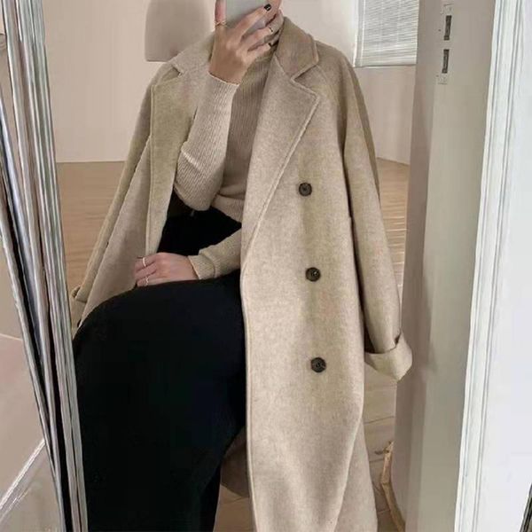 Women&#039;s Jackets Trendy Women Woolen Coat Elegant Office Lady Turndown Collar Windproof Pockets Trench Overcoat Coldproof 230223