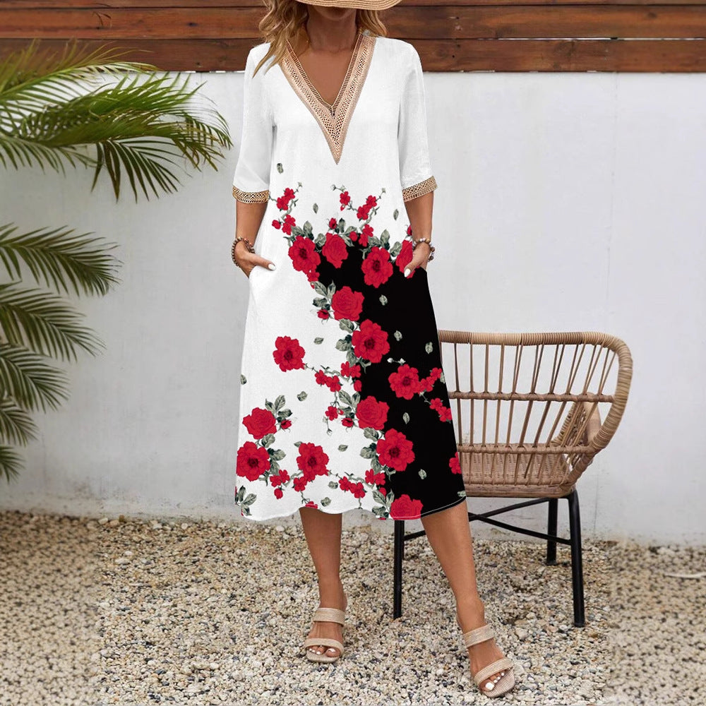 B364 New European and American Spring and Summer Printed Short Sleeve Dress Lace V-neck Loose Swing Short Sleeve Medium Length Dress