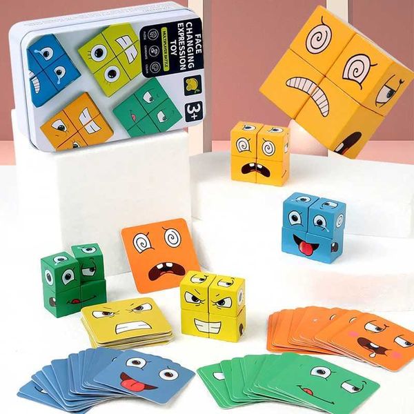 Face Changing Cube Board Card Game Building Blocks Cartoon Wooden Puzzle Montessori Anxiety Stress Relief Toys For Children KidsC250117