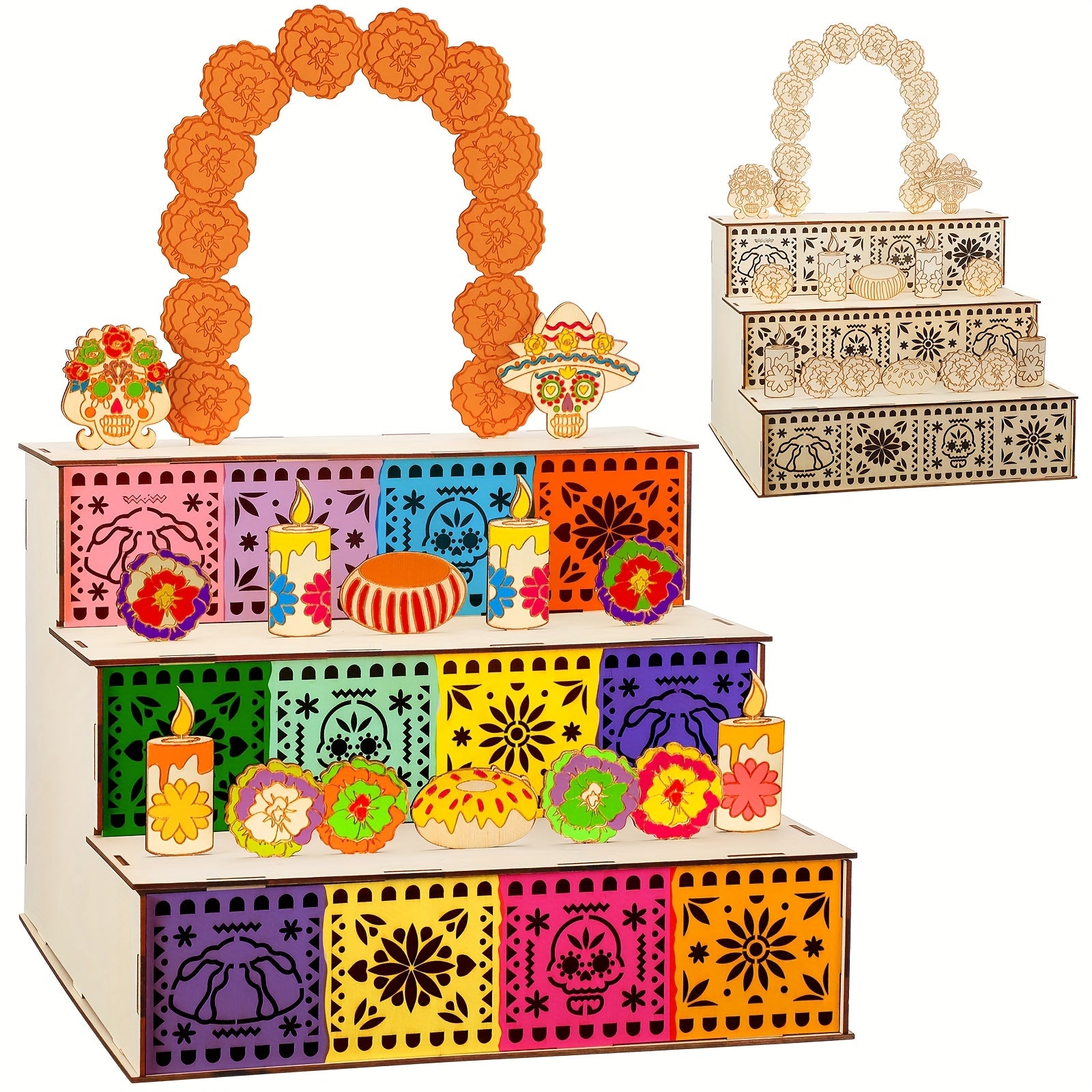 TEMU Altar Box - Mexican Memorial Display With Colorful Sugar & , Vertical Rectangular Tabletop Or Shelf Decoration, Home Decor, Natural Material