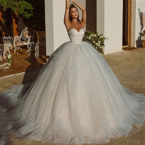 Elegant Saudi Arabia Shiny Wedding Dress Ball Gowns Glitter Tulle Sweetheart Bride Dresses Robe De Mariee Wedding Gowns