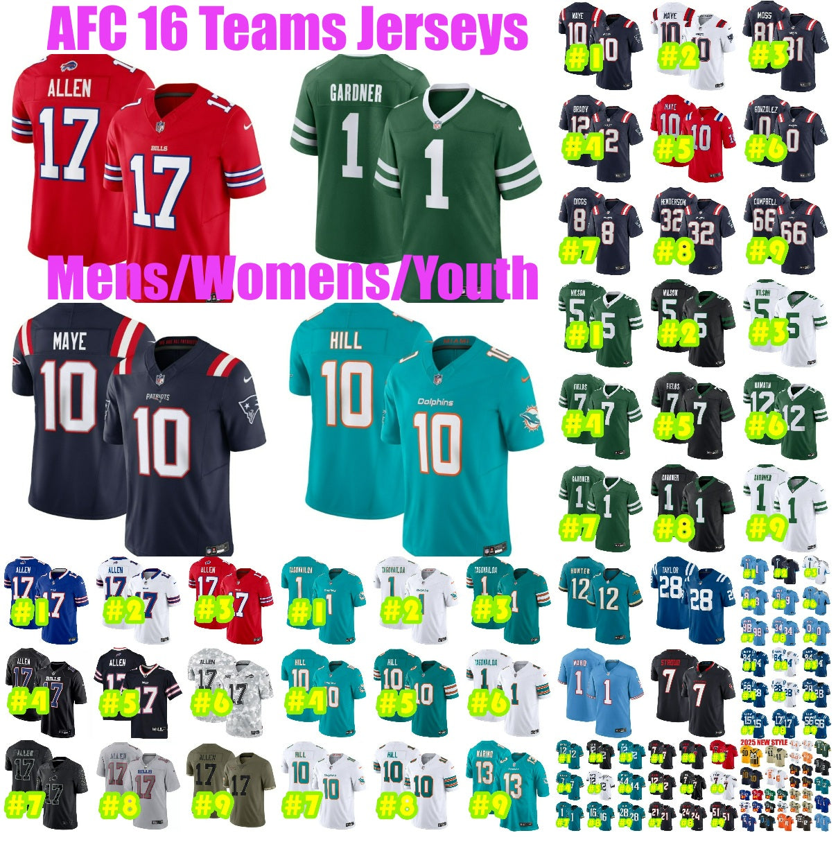 16AFCteams Josh Allen Football Jersey Tua Tagovailoa Drake Maye Garrett Wilson Ahmad Sauce Gardner Keon Coleman Tyreek Hill Bo Nix Cameron Ward T.J.
