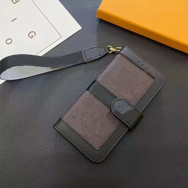 Luxury Leather Flip Wallet Phone Case for iPhone 16 15 Samsung S25 S24 Wrist Strap Card Holder Magnetic Snap-button Closure Hardwares Back C
