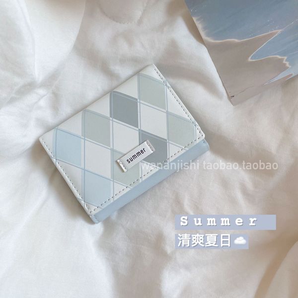 Sea new designer salt blue grid transparent new minimalist Ins Wind Korean multifunctional wallet zero card bag