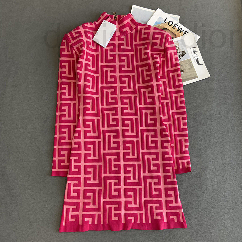 Casual Dresses designer Balman knitted stand collar Long Sleeve Dress Pink temperament thin letter three-dimensional 2023 summer new zipper 3F57