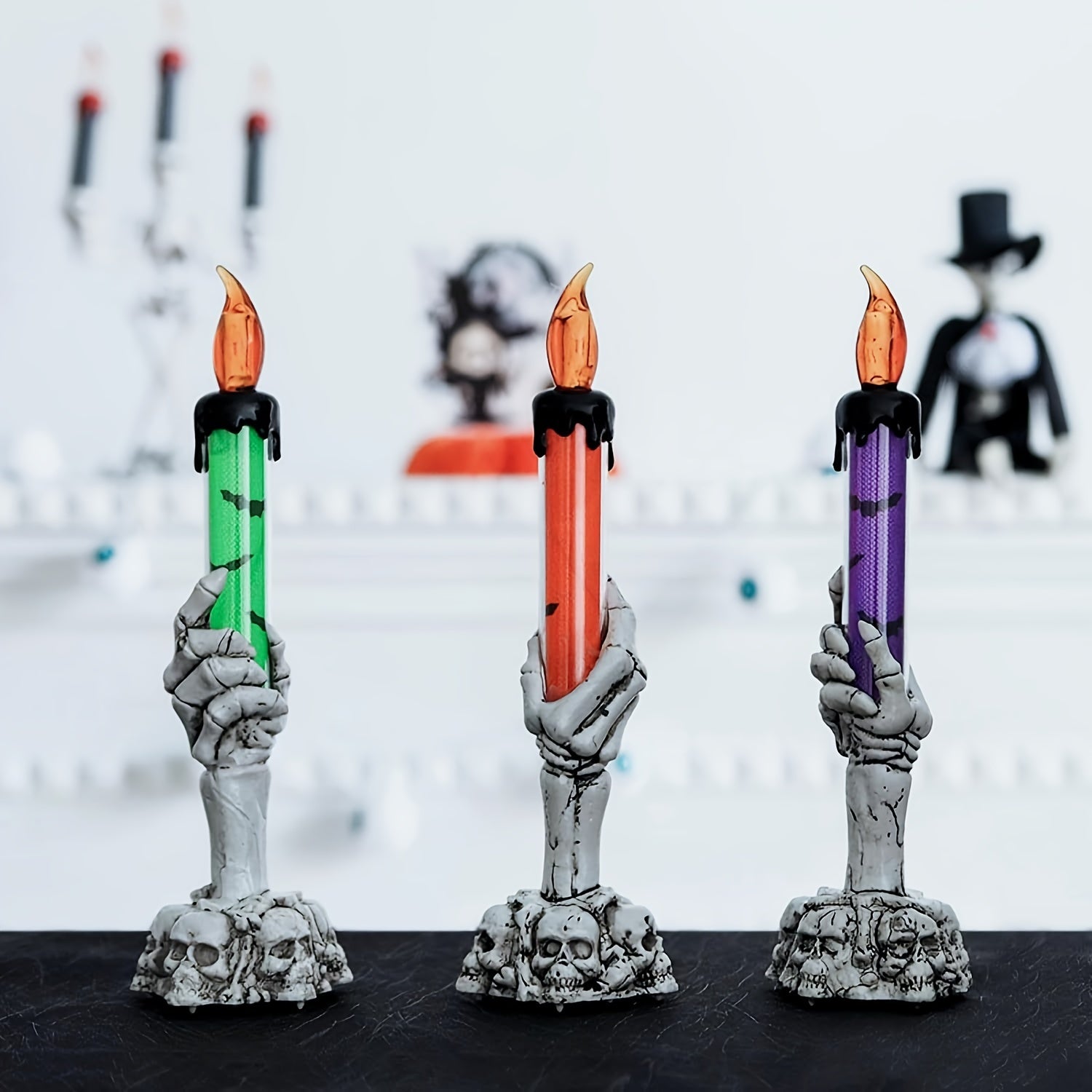 TEMU 3pcs Gothic Skeleton Candle Holders With Glowing Effects - Spooky Hands & Base With Fingers & Face Features, Durable Plastic Indoor-outdoor Safe