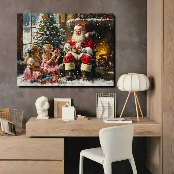 Santa Claus and Three Little Girls Canvas Wooden Frame Wall Decoration Suitable for Home Office Wall Decoration Y250111