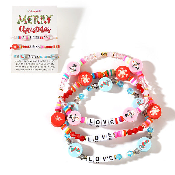 3Pcs Christmas Theme Handmade Polymer Clay & Glass Bicone Beads Stretch Bracelet Sets