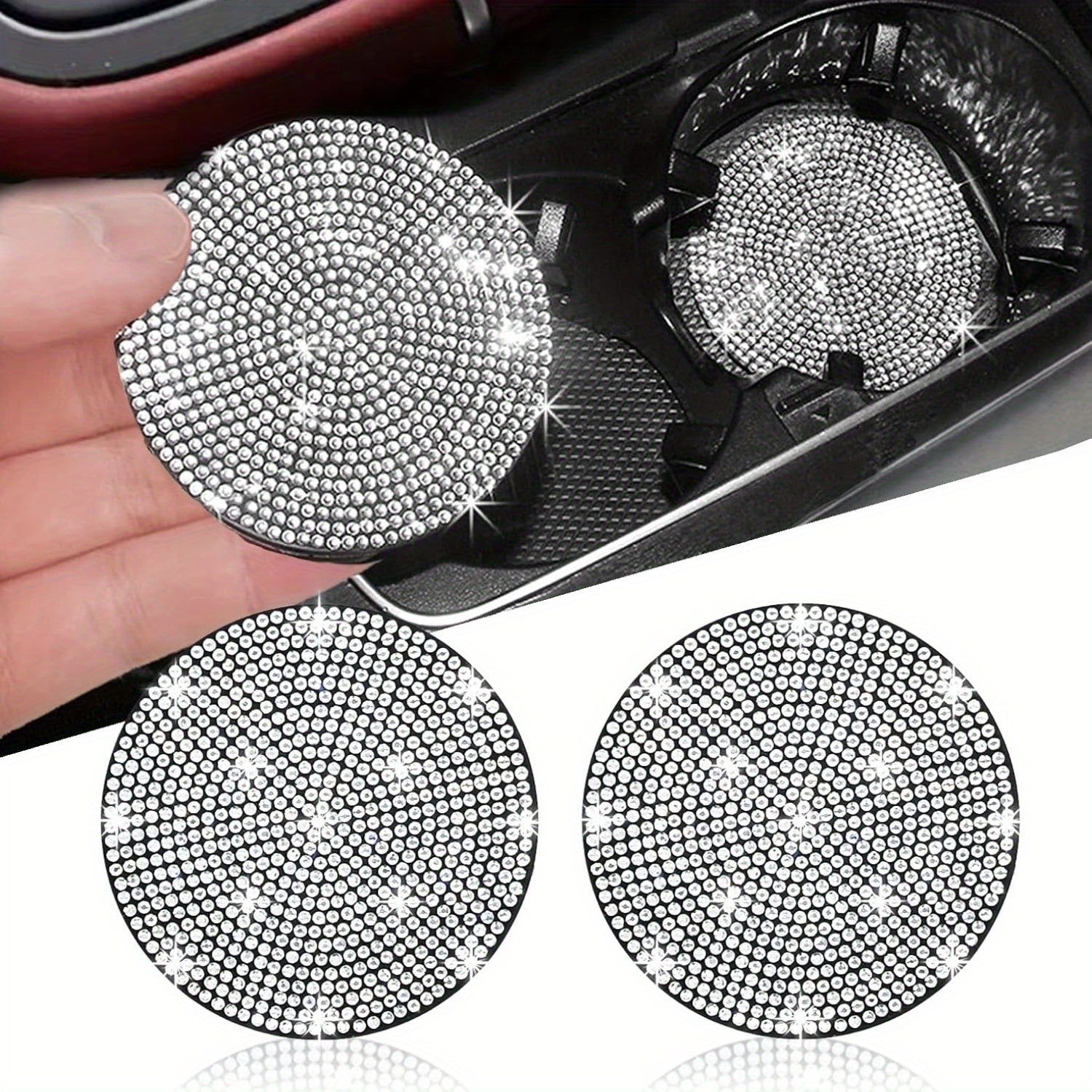 TEMU 2pcs Sparkling Crystal Car Cup Coasters - 2.75 Inch Anti-slip Shock-absorbing Fit Cup Holders, Interior Accessories, Car Coasters For Cup