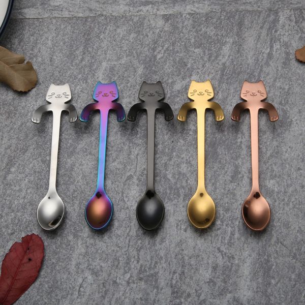 Stainless Steel Coffee Spoons Long Handle Creative Mini Cat Tea Spoon Drinking Tools Kitchen Gadget Flatware TablewareXY0833