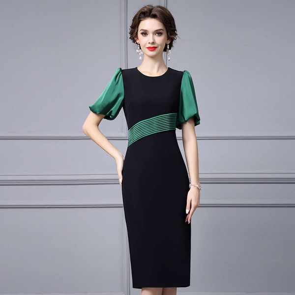 High-end Light Luxury Dress 2024 New Item Vinegar Contrasting Splicing Slimming Bubble Sleeves Exquisite Womens Clothing Summer Oversize Dre