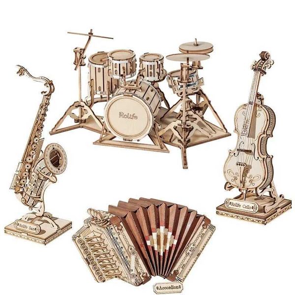 Robotime Rolife 3D Wooden Puzzle Games Saxophone Drum kit Accorn Cello Model Toys for Children Kids Birthday GiftsT250117