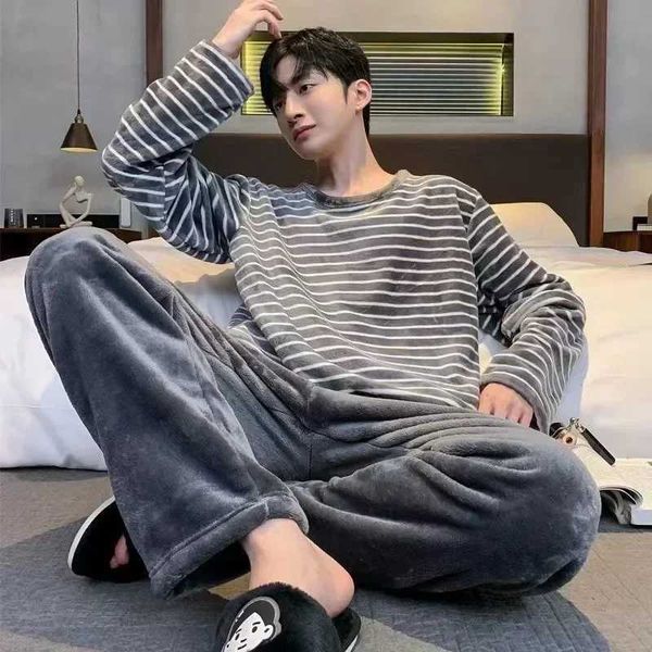 Men Winter Warm Flannel Pajama Sets Long Sle Thick Hewear For Men Coral Veet Cute Cartoon Sleepwear Suit Pyjamas Hewear G241104