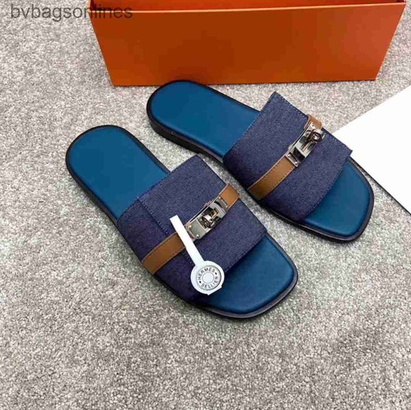 High Quality Branded H Slippers 2024 New Type H Slippers Mens Genuine Leather Small Silver Button line Slippers Mens Genuine Leather Sandals