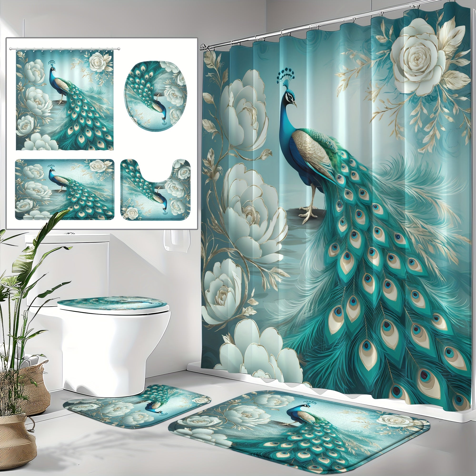 TEMU 4pcs Elegant Peacock Print Shower Curtain Set, Floral Polyester Fabric Waterproof Shower Curtain With 12 Hooks, Machine Washable, Non-slip