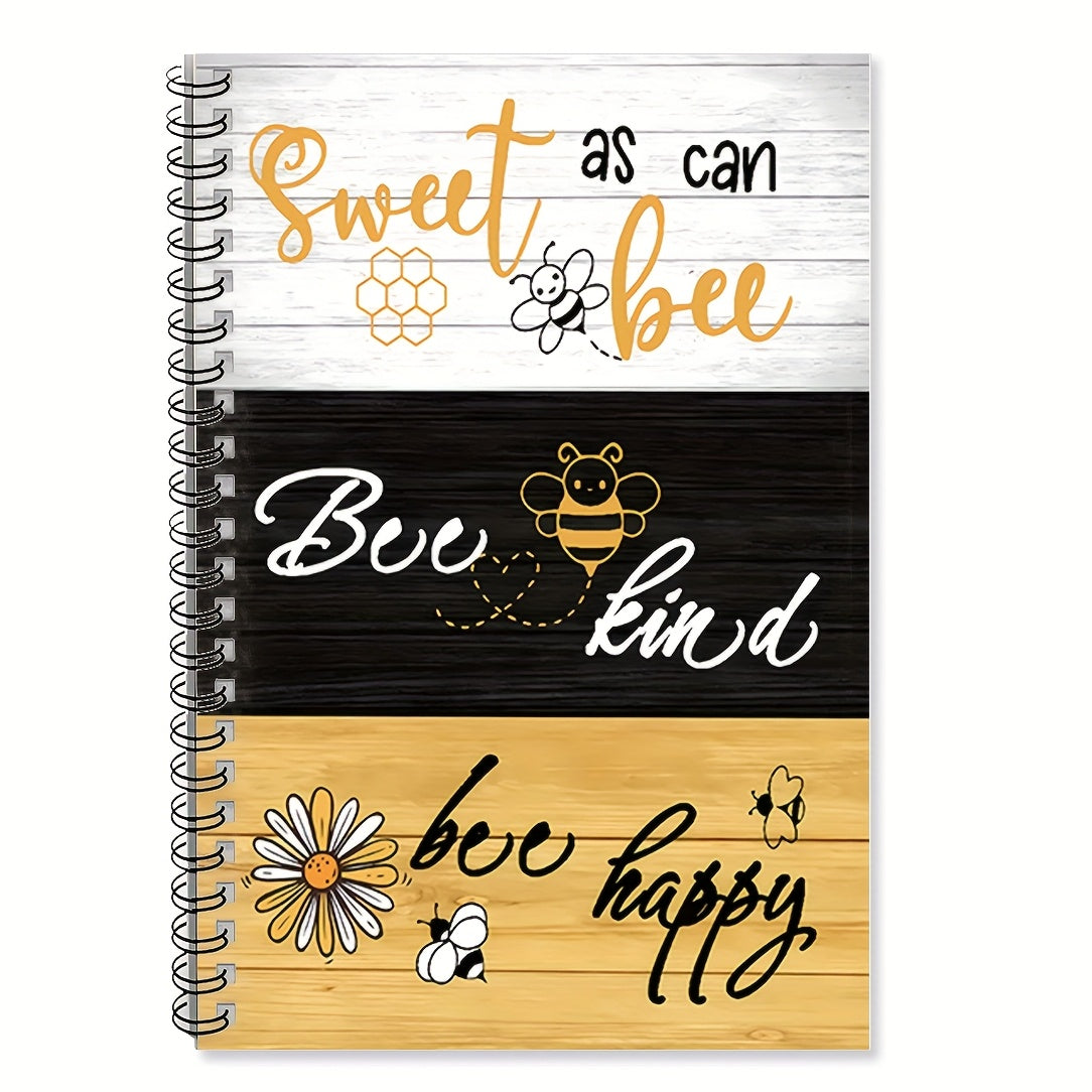 TEMU 1pc Bee And Flower Spiral Notebook - Inspirational Quotes Journal With " Can Bee, , Boo Happy" Designs, 100 Pages, Black & Golden Cover,
