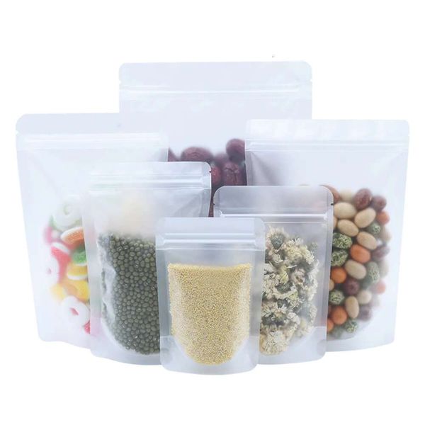 100Pcs Frosted Plastic Transparent Bags Stand Up Zip Lock Pouches Food Packaging Bag For Bean Grains Tea Storage With Tear Notch