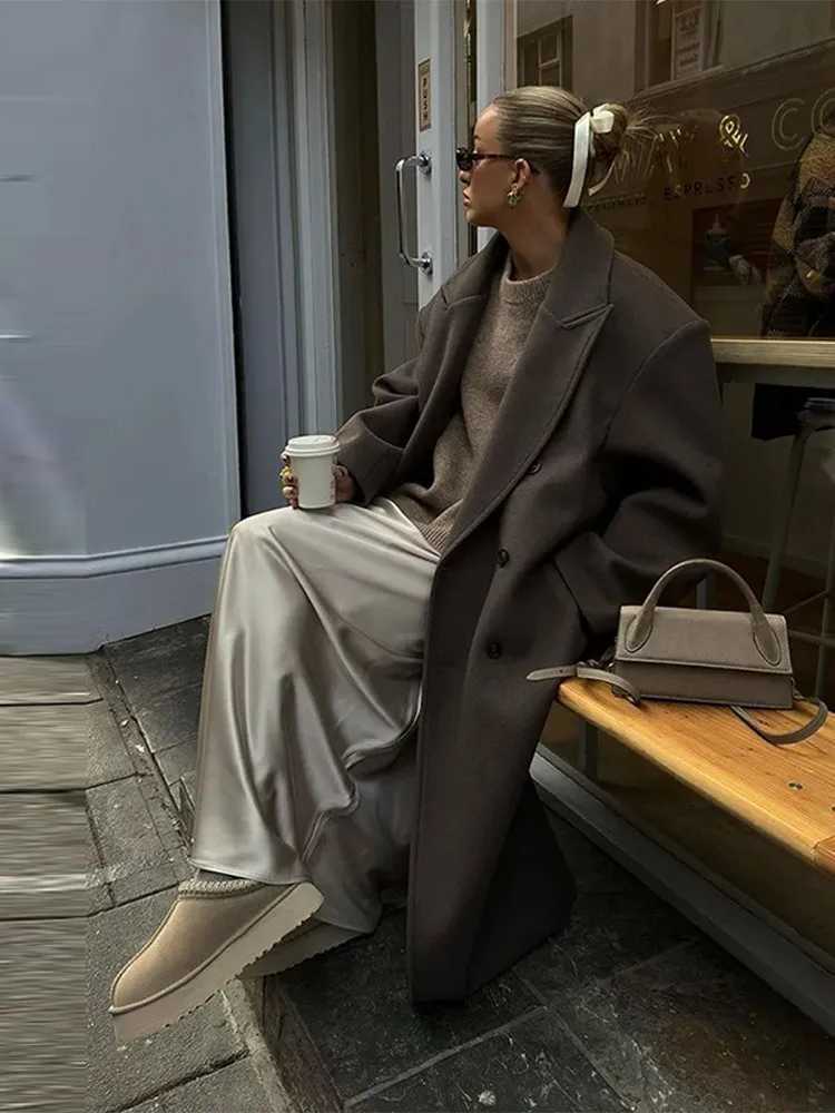 Women&#039;s Wool Blends Solid Double breasted Womens Long Coat Loose Collar Brown Womens Maxi 2024 Autumn-Winter Elegant Womens T-shirt T241101