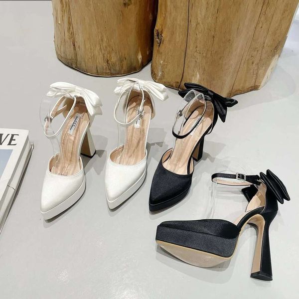 High Heels Women Summer New Fashion Satin Face High Heel Sandals Bow One Word Buckle Pointed Toe Thick Heel Women&#039;s Shoes