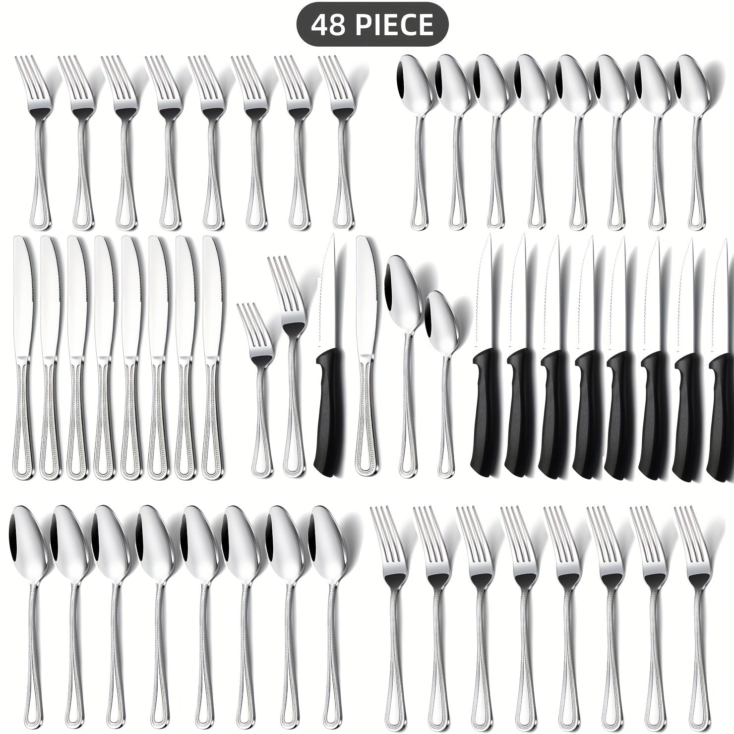 TEMU 60-48pcs Of Stainless Steel Silverware For 12 People, Kitchen Accessories, Striped Design, Steak Knife, Salad Fork, Coffee Dessert Spoon, Home,