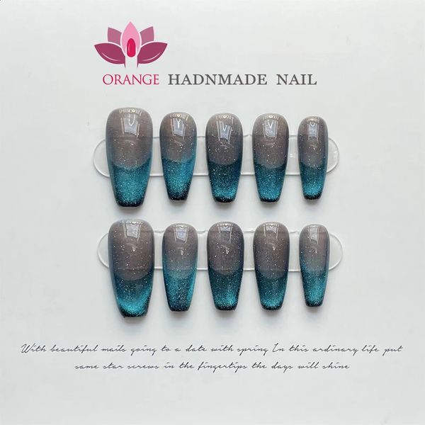 Handmade Cat Eye Fake Nails With n Glitter Reusable Press on Nails Full Cover Coffin Manicuree Wearable XS S M L Size Nails 240808