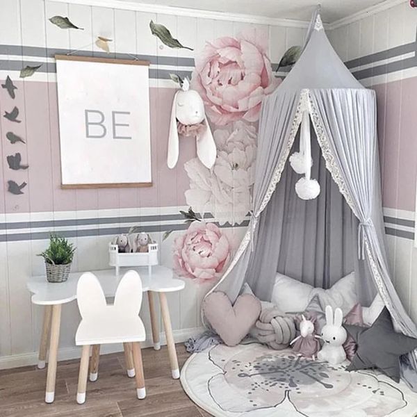 Toy Tents Round Pink-White-Gray Bed Canopy for Girl Baby Crib Bed Curtain with Lace Kids Play Tent House Dome Hanging Children Room Dossel 2