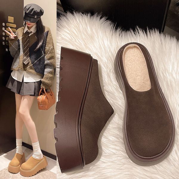 Thick soled toe half slippers for women wearing half bags of Boken shoes, 2024 new autumn and winter collection with plush Boken women&#039;