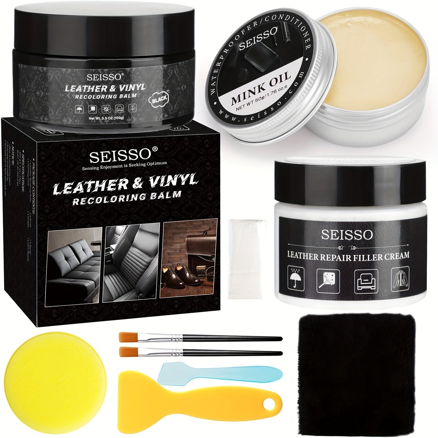 TEMU Leather Repair Kit For Furniture, Black Vinyl Repair Kit With Mink Oil Leather Repair Kit Car Interior Leather Recoloring Balm For Scratches,
