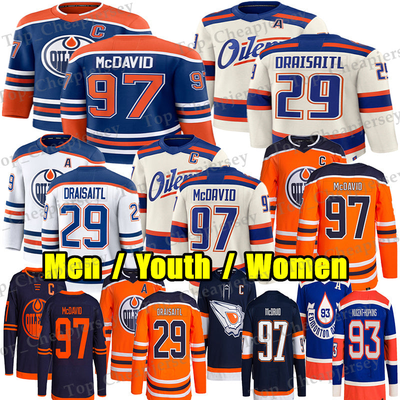 #97 Connors McDavids Edmonton Hockey Jersey Oilers Jersey #29 Leon Draisaitl Ryan Nugent-Hopkins Evan Bouchard Ekholm Zach Hyman Stuart Skinner Wayn