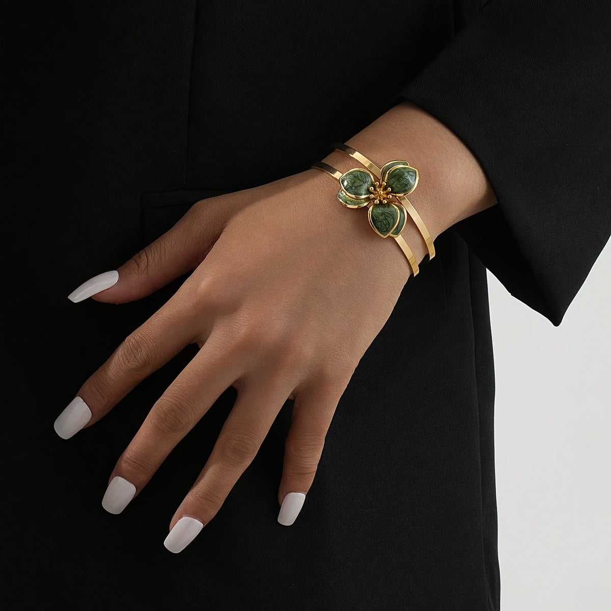 TEMU Elegant Golden-tone Open Cuff Bracelet With White Enamel – Adjustable Alloy Bangle For Women, Weddings, Parties, And Casual Attire, Bangle