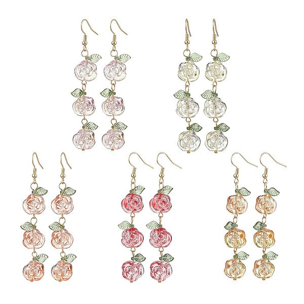 5 paire de boucles d'oreilles pendantes en verre de 5 couleurs