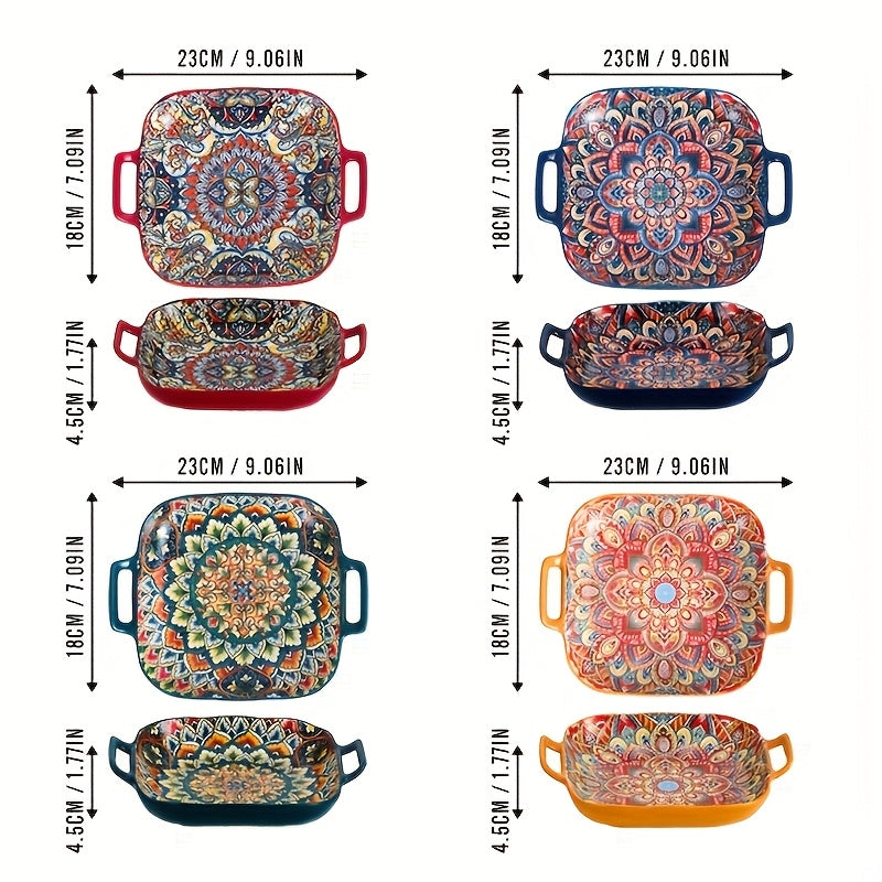 TEMU Taufikt 4pcs 9-inch Bohemian Square Ceramic Plates With 2 Ears, Dishes, Fruit Pasta Plates, Ovens, Microwaves, Etc