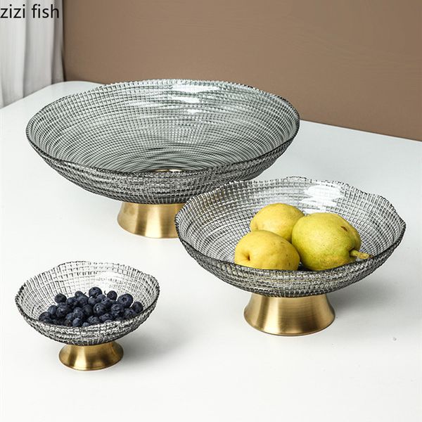 Transparent Glass Fruit Plate Copper Bottom Fruit Basket Salad Bowl Mixing Bowl Snack Plate Dessert Bowls Home Decorative Plates