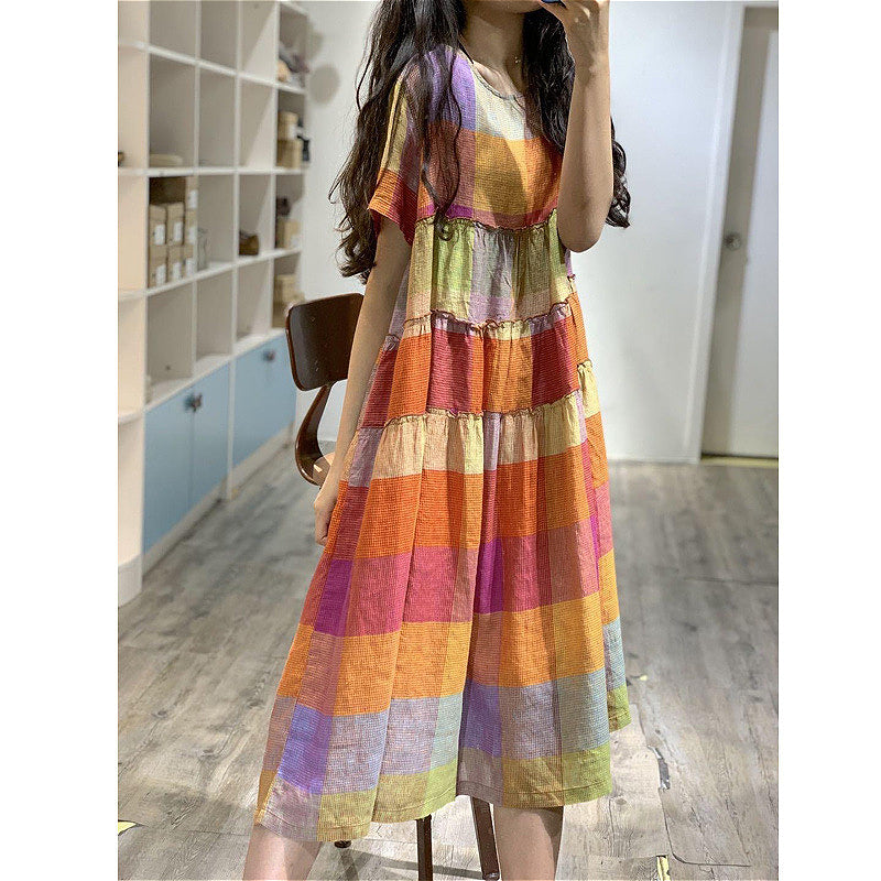 402 Summer new temperament literary plus size skirt splicing pleated loose casual swing medium and long plaid dress