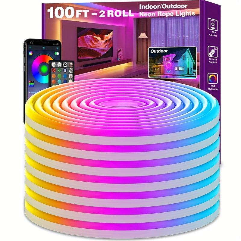 TEMU 100ft Rgb Neon Rope Lights With App & Remote Control - Music Sync Party Lights, Flexible Led Strip Lighting For Home, Birthday, Gaming,