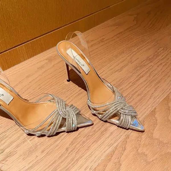 Elegant Transparent Crystal Warm Sandals with High Heels and Fine Tracks Pointed Toe Water Diamond Autumn New Collection 2024 Bridal Shoes Y