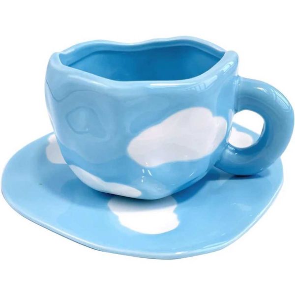 Cute and twisted irregular ceramic coffee cup and sauce set cloud coffee cup tea cup gift for girl mother lover X241205