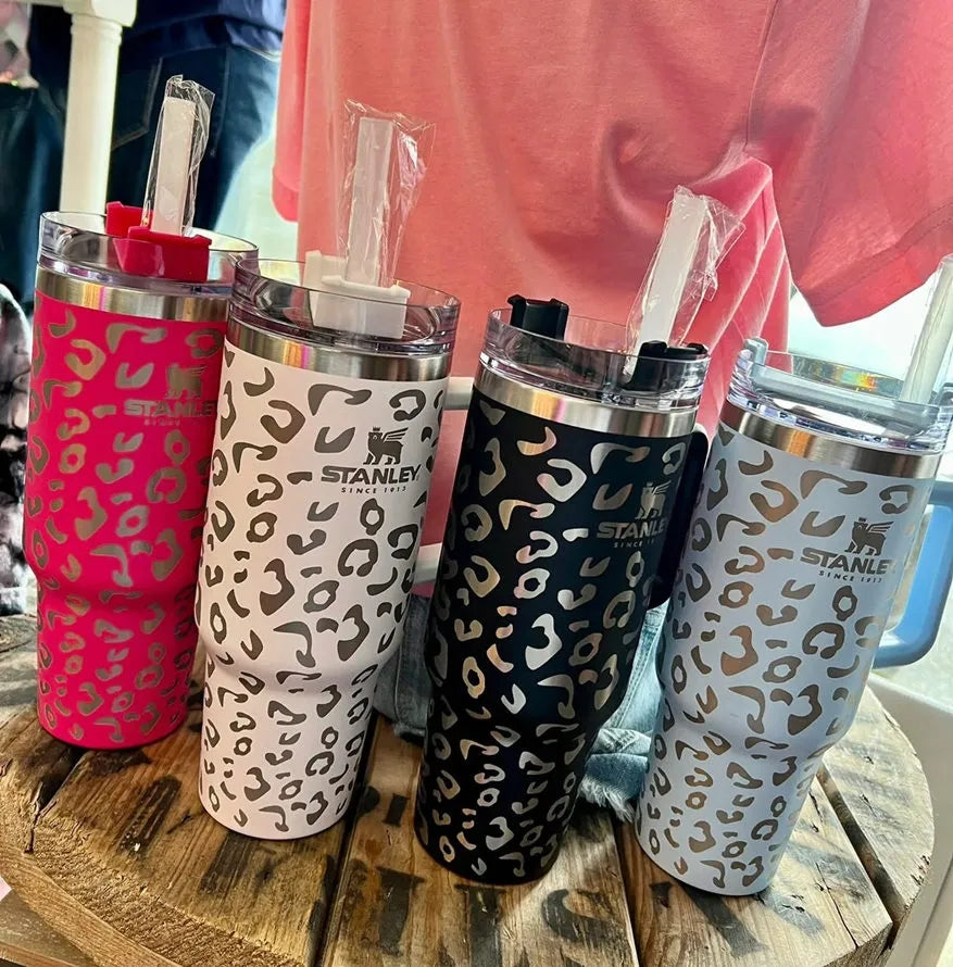 stanley quencher 40oz tumbler leopard print with Logo handle lid straw beer mug water bottle powder coating outdoor camping cup vacuum insulated dri