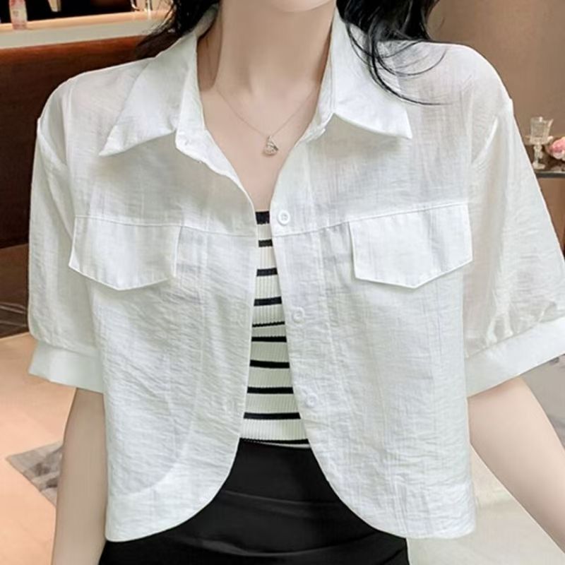 K1178 Chiffon polo collar short-sleeved short shirt sun protection clothing women&#039;s summer outerwear small shawl new cardigan top thin jacket