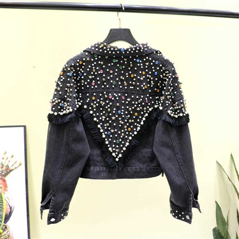 Fashion Multicolor Diamonds Beading Denim Jacket Women Spring Loose Short Black Blue Outerwear Big Pocket Jeans Jackets FemaleX240920