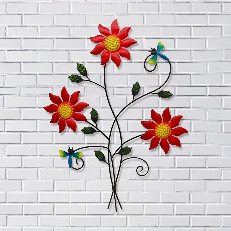 TEMU 1pc Metal Floral Wall Decor - Outdoor Garden Decoration With Pink, Blue, Red, Green Leaves - No Electricity Needed, For Patio, Yard, Fence -