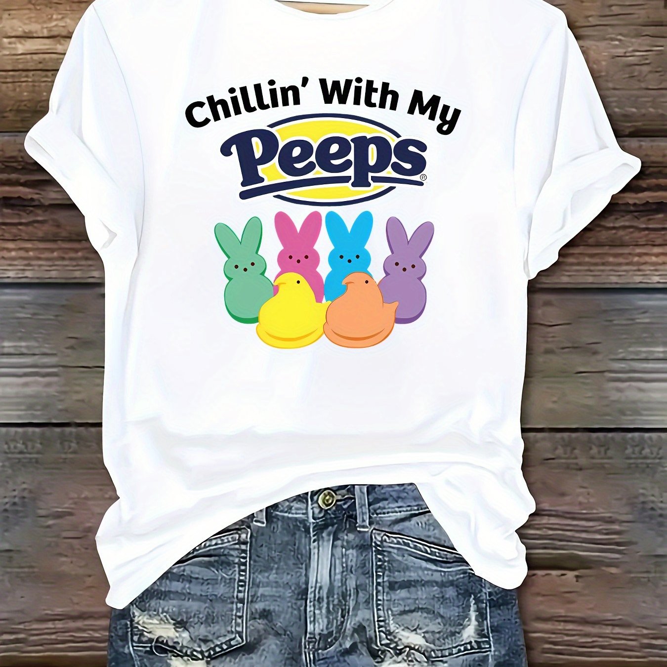 TEMU Women's Casual Short Sleeve T-shirt - "' With My " Easter Bunny & Chick Graphic Print, Olive Green Relaxed Fit Round Neck Tee, Machine Washable