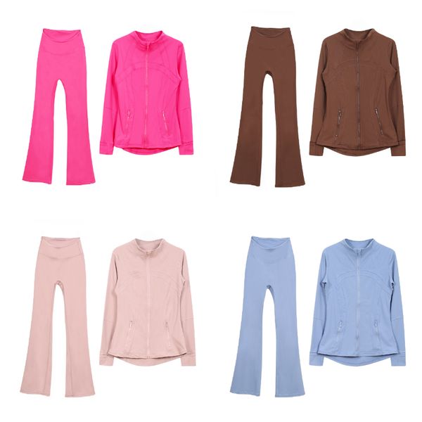 L110 Women Yoga Outfit Two Pcs Suits Pants+Jackets Close-Fitting Fitness Wear Running Elastic Workout Sportswear Elastic Bell-bottom Trouser