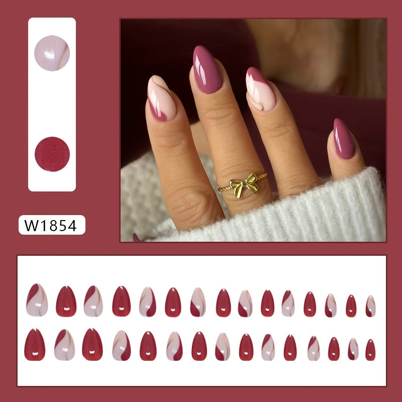 TEMU Elegant Almond Shaped Short Nails, Mixed With Golden Accents, Removable Glossy Finish, European And Wearable Manicure