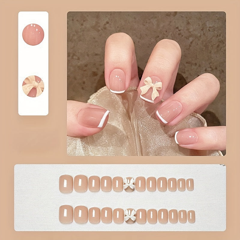 TEMU 24pcs Square Press On Nails Short French Fake Nails With Bowknot Design Glossy Acrylic Nails Nude Full Cover Glue On Nails For Women Girls