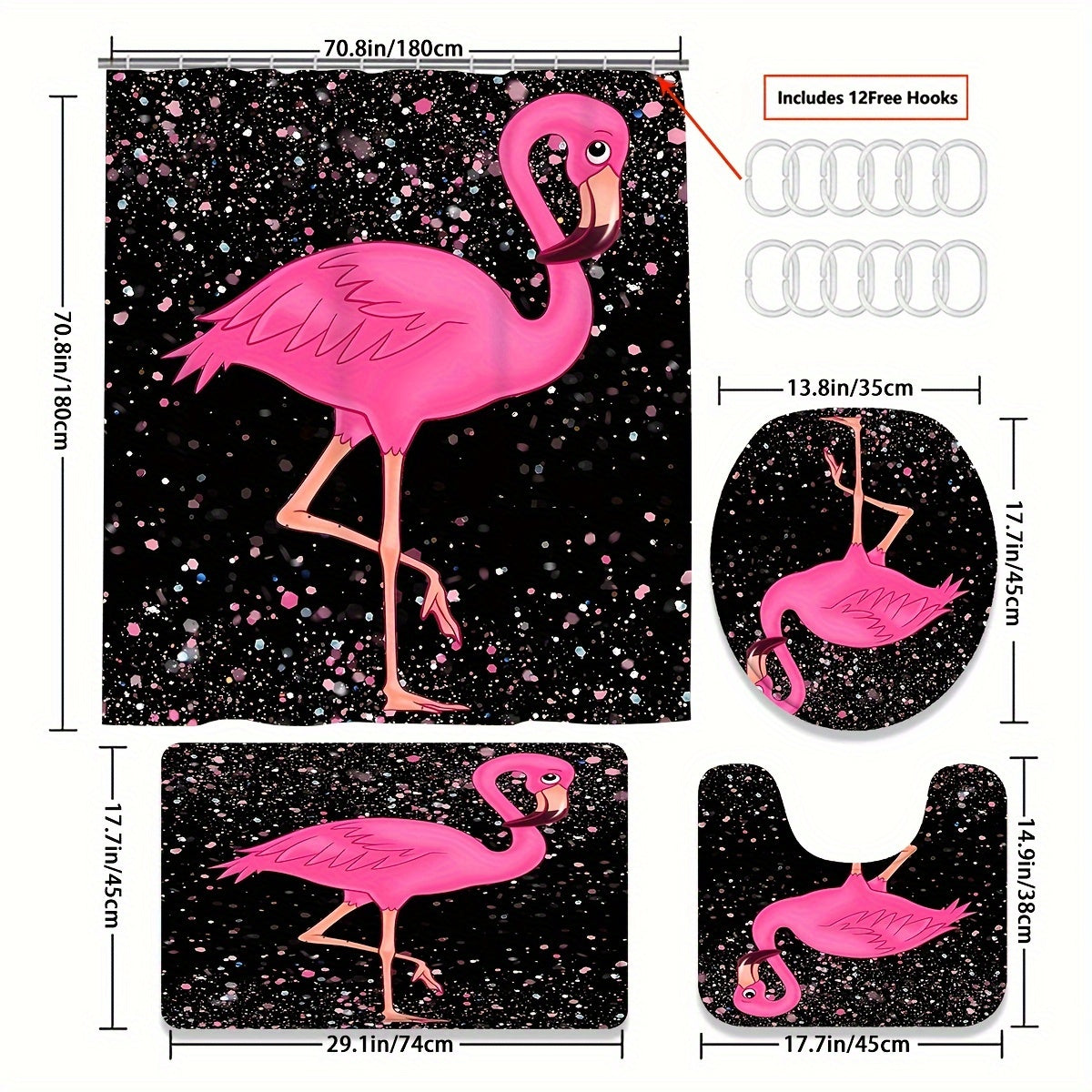 TEMU 4pcs Sparkling Diamond And Pattern Shower Curtain Set, Bathroom Partition Curtain With 12 Hooks, Non-slip Bath Blanket, Toilet U-shaped Mat,