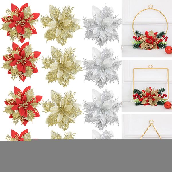 Christmas Decorations 10Pcs Glitter Artificial Flowers Red Gold Xmas Tree Ornaments Big Flower Heads For Home Year Navidad Party Decor 22112