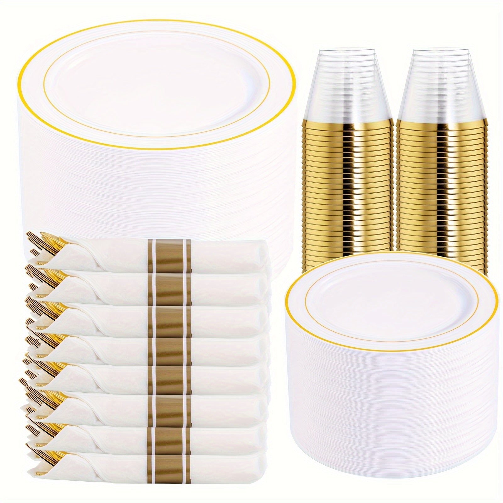 TEMU 350pcs Golden Plastic Disposable Cutlery Set For 50 Guests : 50 Dinner Plates 10.25 Inch, 50 Dessert Plates 7.5 Inch, 50 Golden Pre Rolled