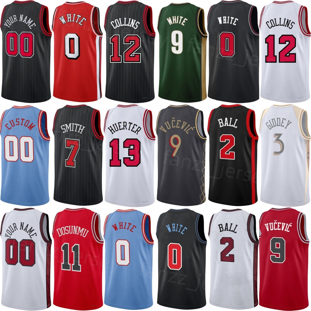 Print Coby White Jersey 0 Draft 2025 Basketball Woman Youth Man Noa Essengue 24 Matas Buzelis 14 Zach Collins 12 Nikola Vucevic 9 Josh Giddey Kevin